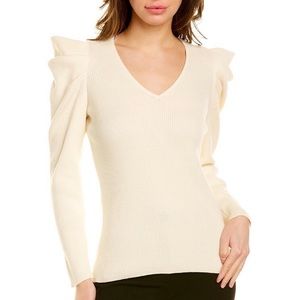Ann Klein XL V-Neck Ribbed Knit Pleated Puff Sleeve Sweater, Long Slv, NWT